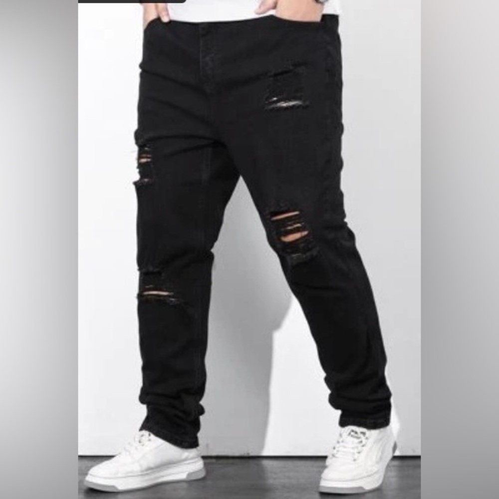 SHEIN ripped distressed jeans button zipper closure 5 pockets black NEW size 38